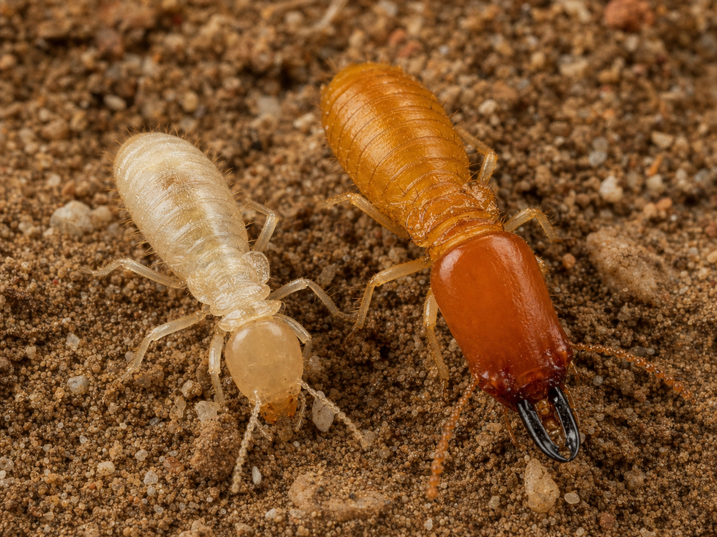 The Desert Subterranean Termite (Heterotermes aureus) — worker (left) and soldier (right). The soldier's large orange-brown head with black mandibles is used to defend the colony. This species is the most destructive termite pest in the Metropolitan Phoenix area. | Bills Pest Termite Control